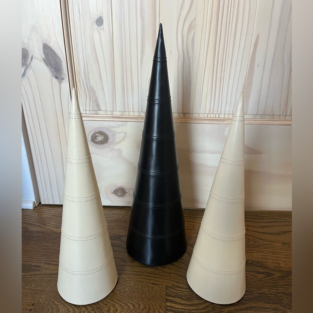 CB2 Crate & Barrel Set of 3 Leather Stitched Holiday Christmas Trees Decor